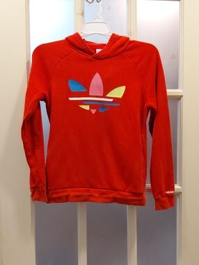"adidas" Kids or Small Adult, Sz.M,Red Hoodie with Multicolor Trefoil.....